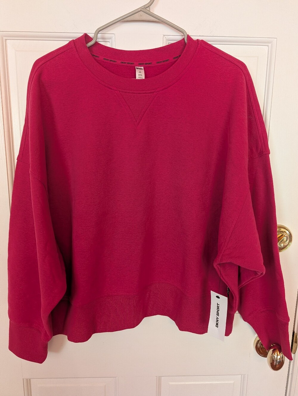 NWT DKNY SPORT PINK Crew Neck Soft Cropped Sweatshirt Women's Sz L